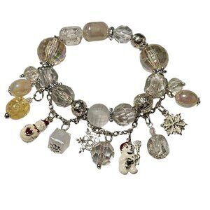 Christmas Charm Bracelet Snowman Snowflake Accents Iridescent Beads Stretch